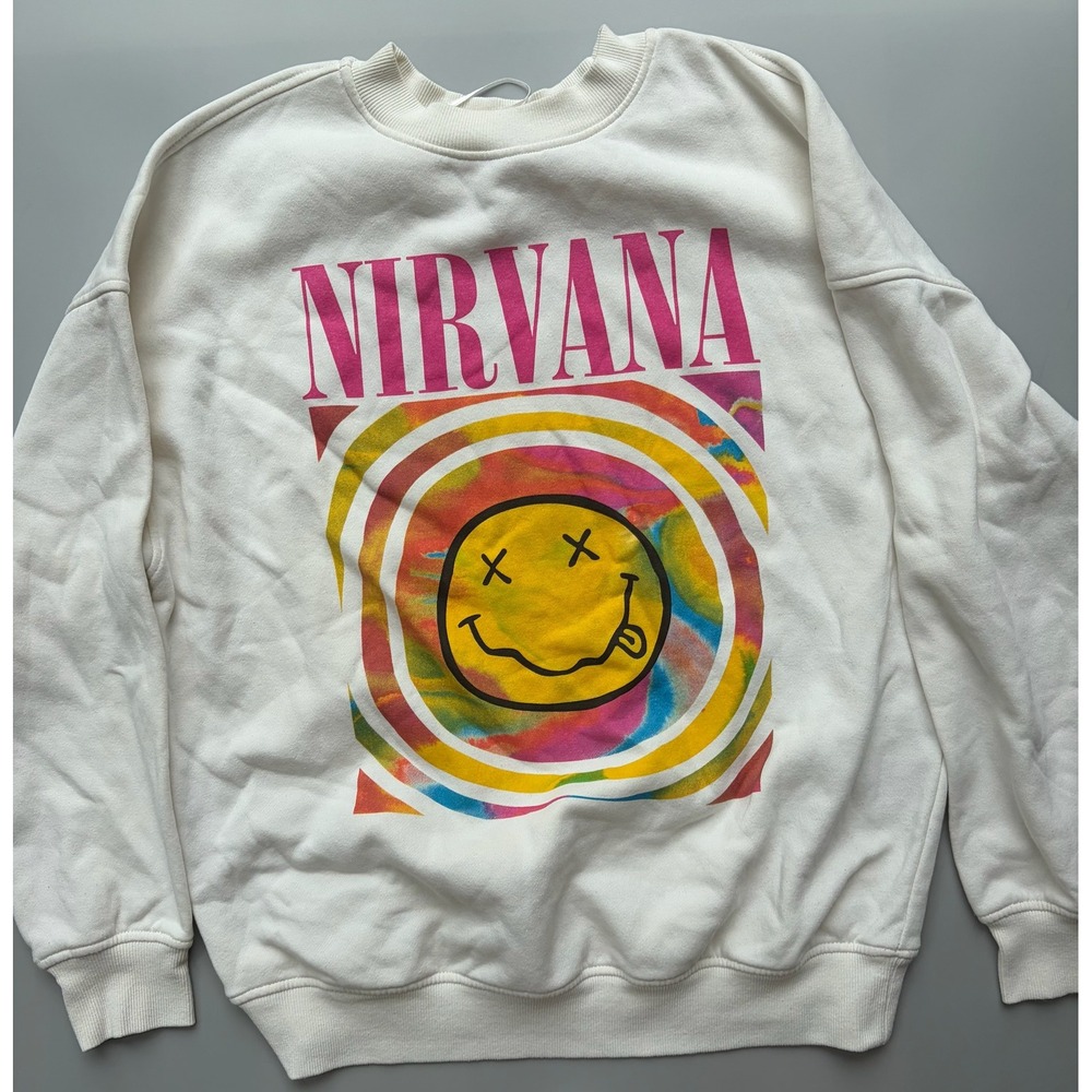 H&M Divided Nirvana Smiley Face Graphic Sweatshirt White Pink XS - Picture 2 of 5